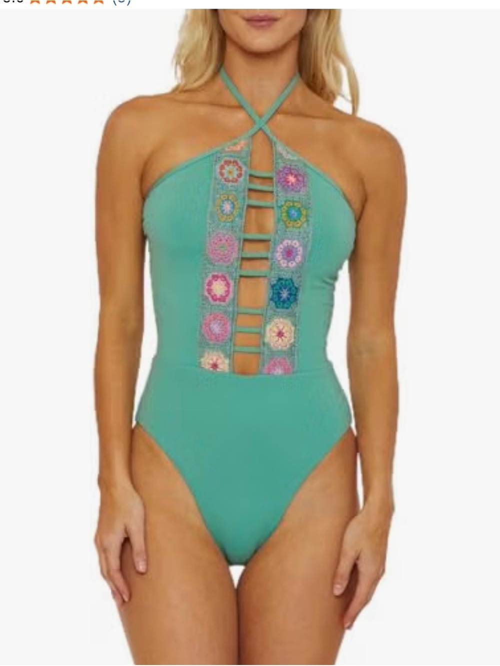 Nordstrom Teal Halter One-Piece Swimsuit with Colorful Embroidered Front